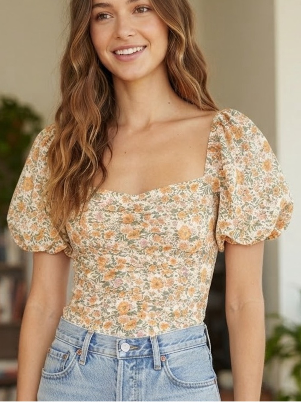 G/FORE Orange Floral Square-Neck Puff Sleeve Camisole